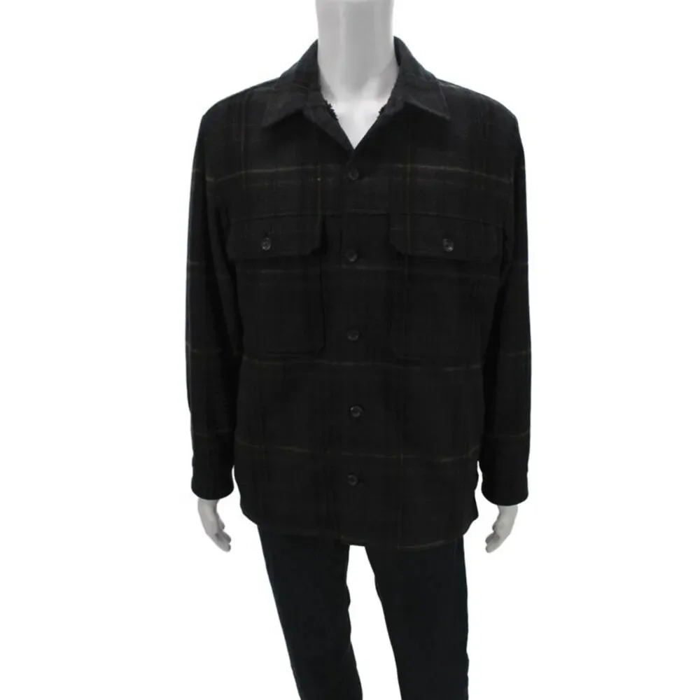 Vince Mens Plaid Wool Jacket Black Button Size L